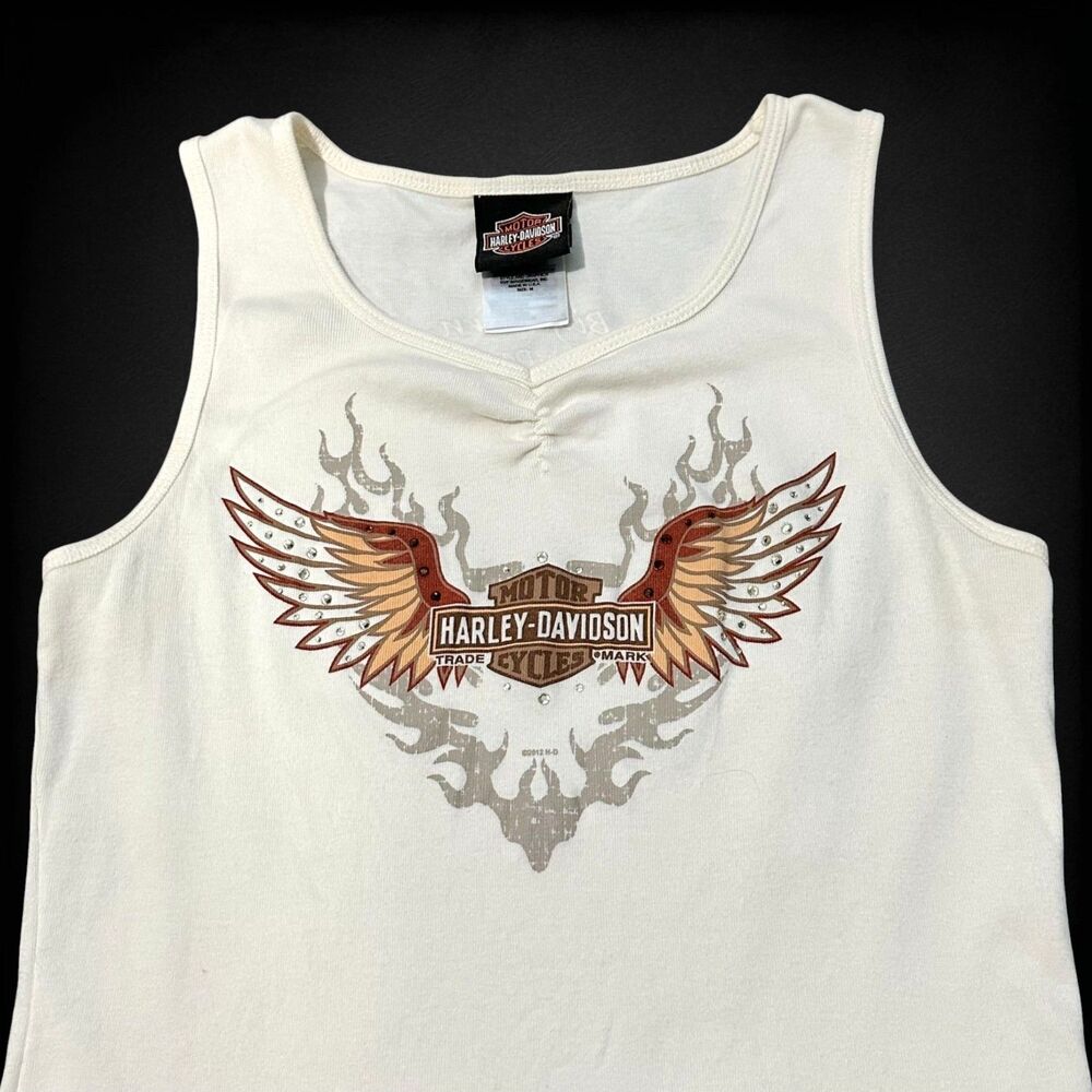 Harley-Davidson Y2K Bedazzled Rhinestone Tank Top | Ivory | Size M - Picture 2 of 6